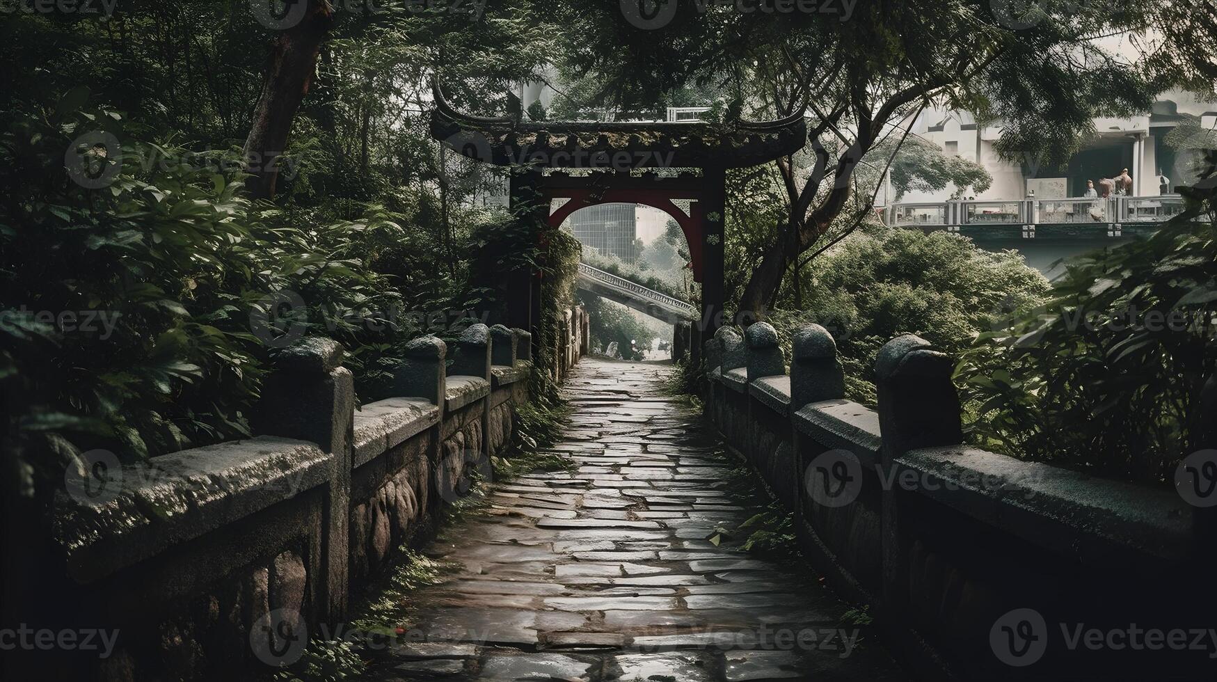 A beautiful urban old stoned bridge overlooking forested footpath, empty of people, with asian architectural. photo