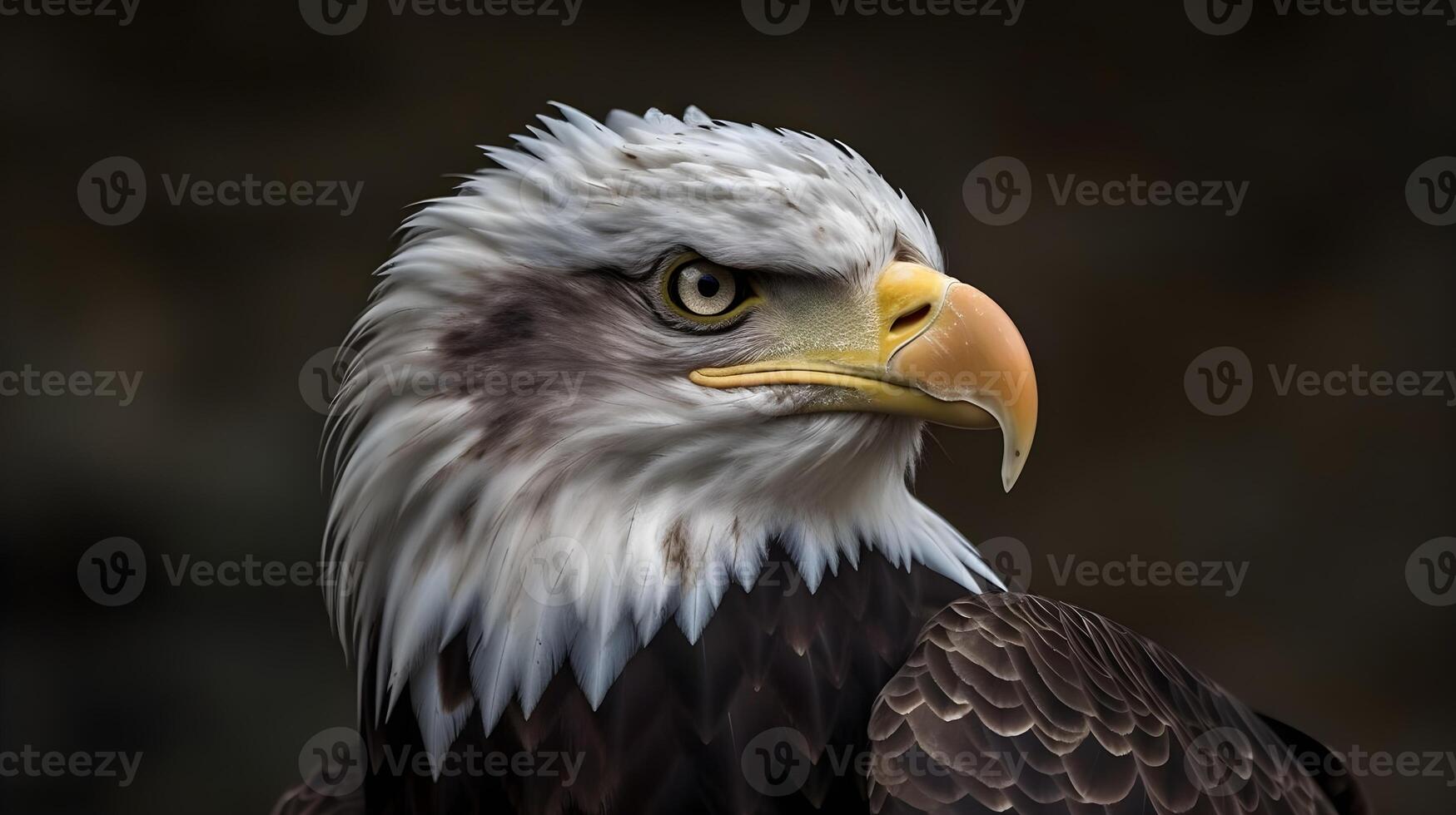 Close up portrait shot of Bald Eagle Haliaeetus Leucocephalus white head with sharp gaze. photo