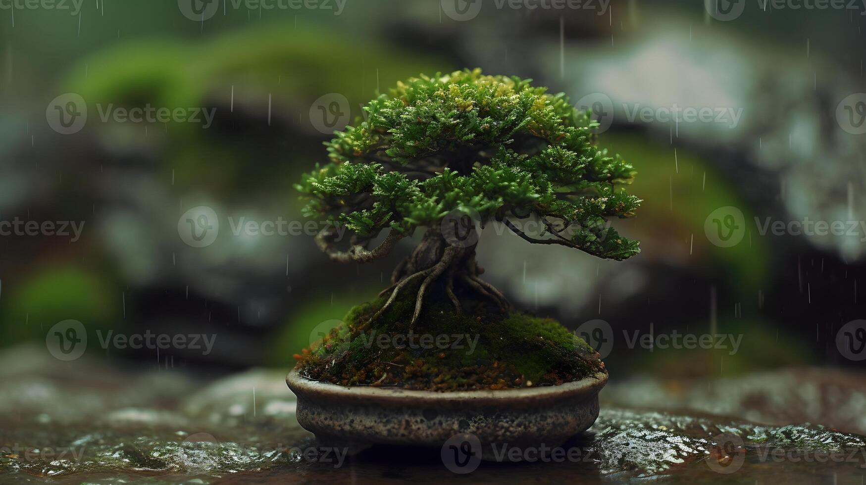 Small bonsai tree in a ceramic pot put outside at the stone in rainy day. photo