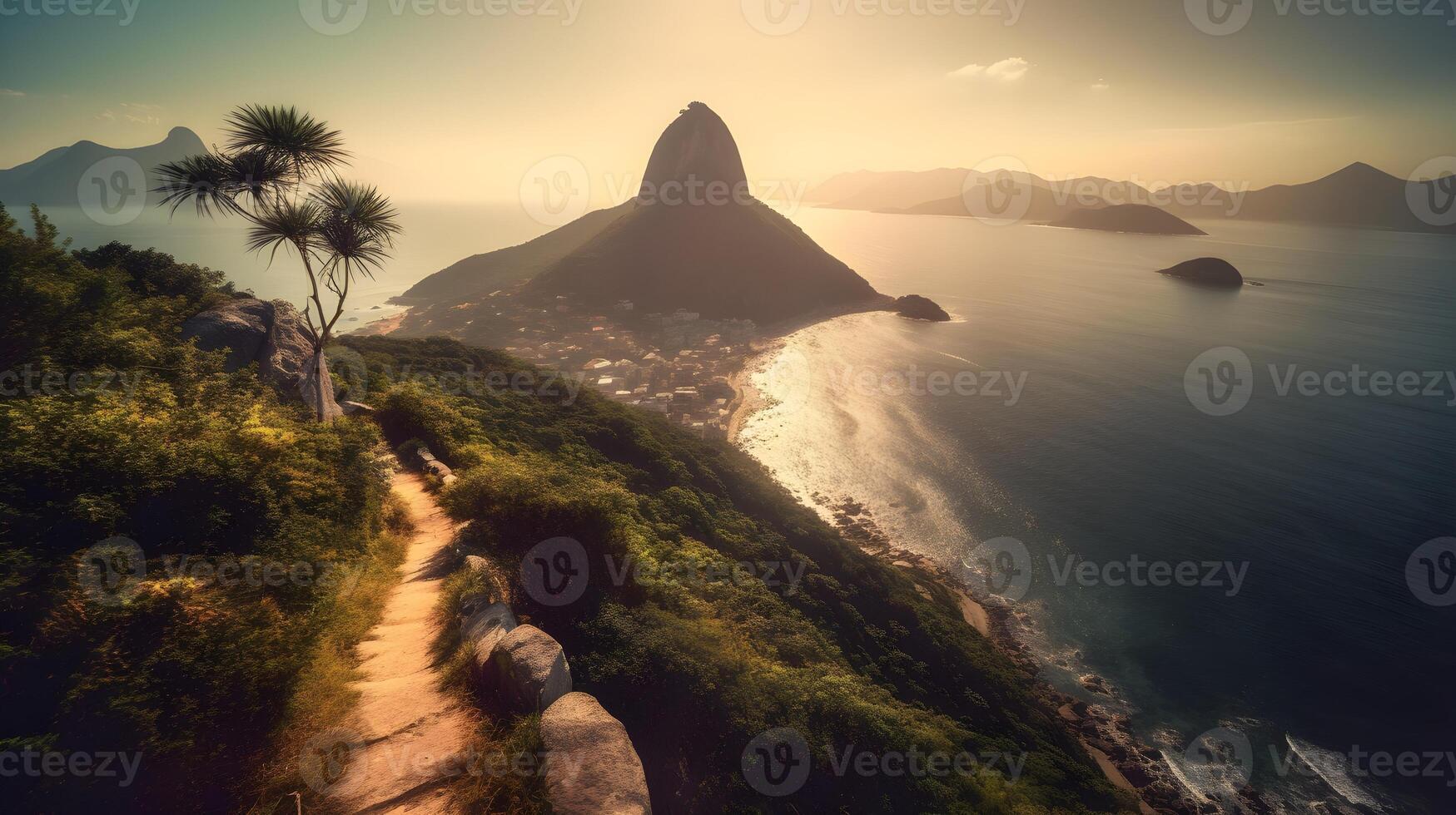 Dawn reveals stunning coastal landscape with mountains, trees, and tranquil water in high ground cliff with a pathway narrow the side of mountain. photo
