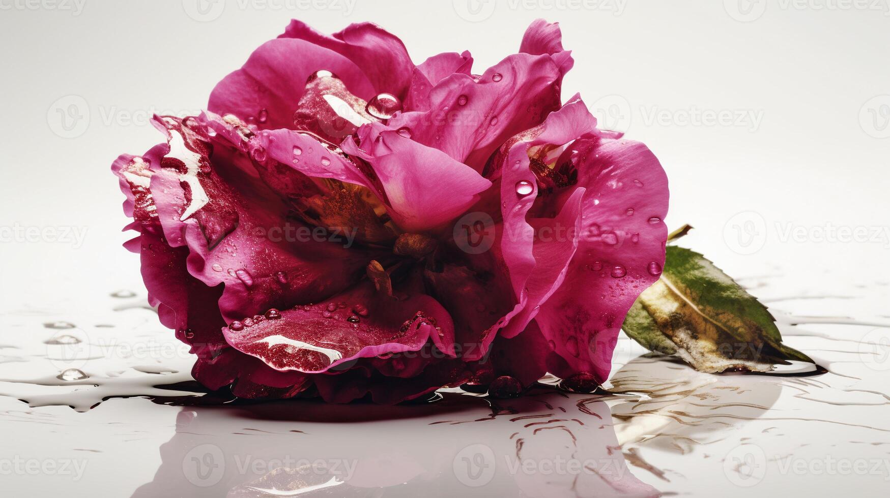 Beautiful wet purple rose flower with some leaves and water droplet looks fresh laying on the studio set reflective white background. AI Generated photo