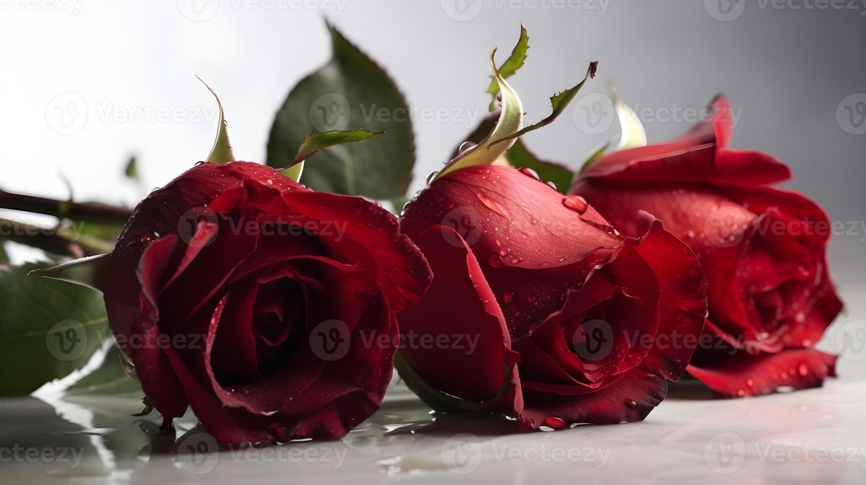 Close up three beautiful wet red rose flower with some leaves and water droplet looks fresh laying on the studio set white background. AI Generated photo