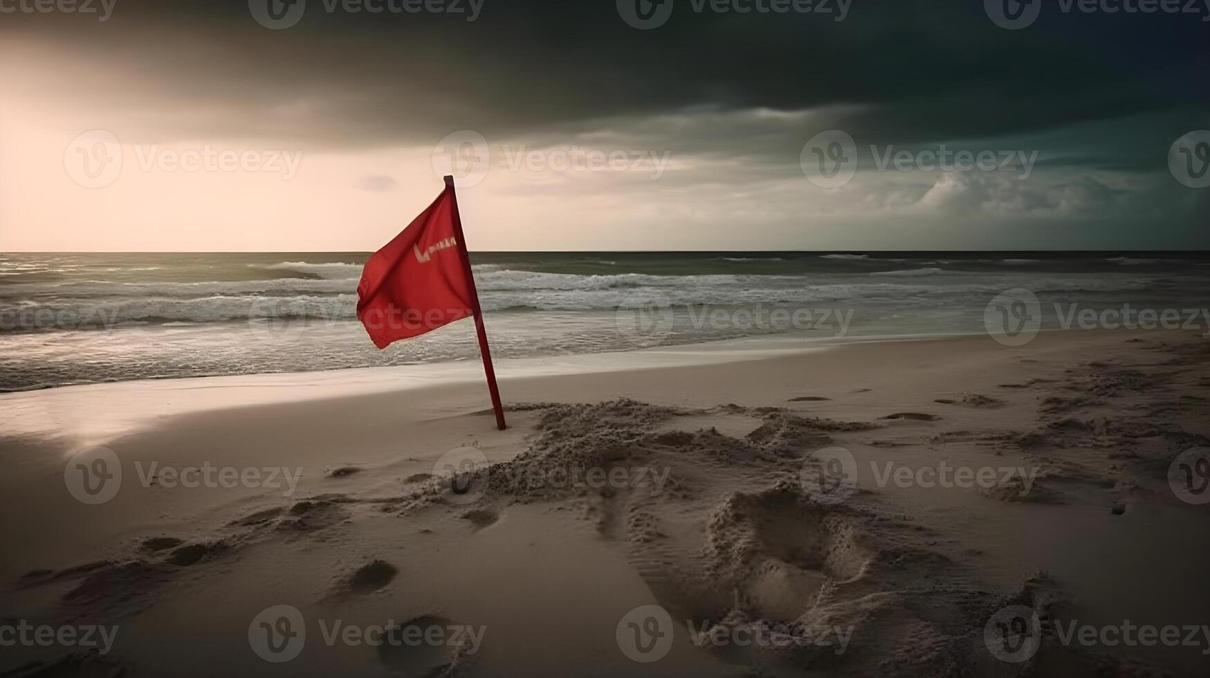 Red flag flying over the beach with ocean waves, dark sky, and scenic horizon over water. AI Generated photo