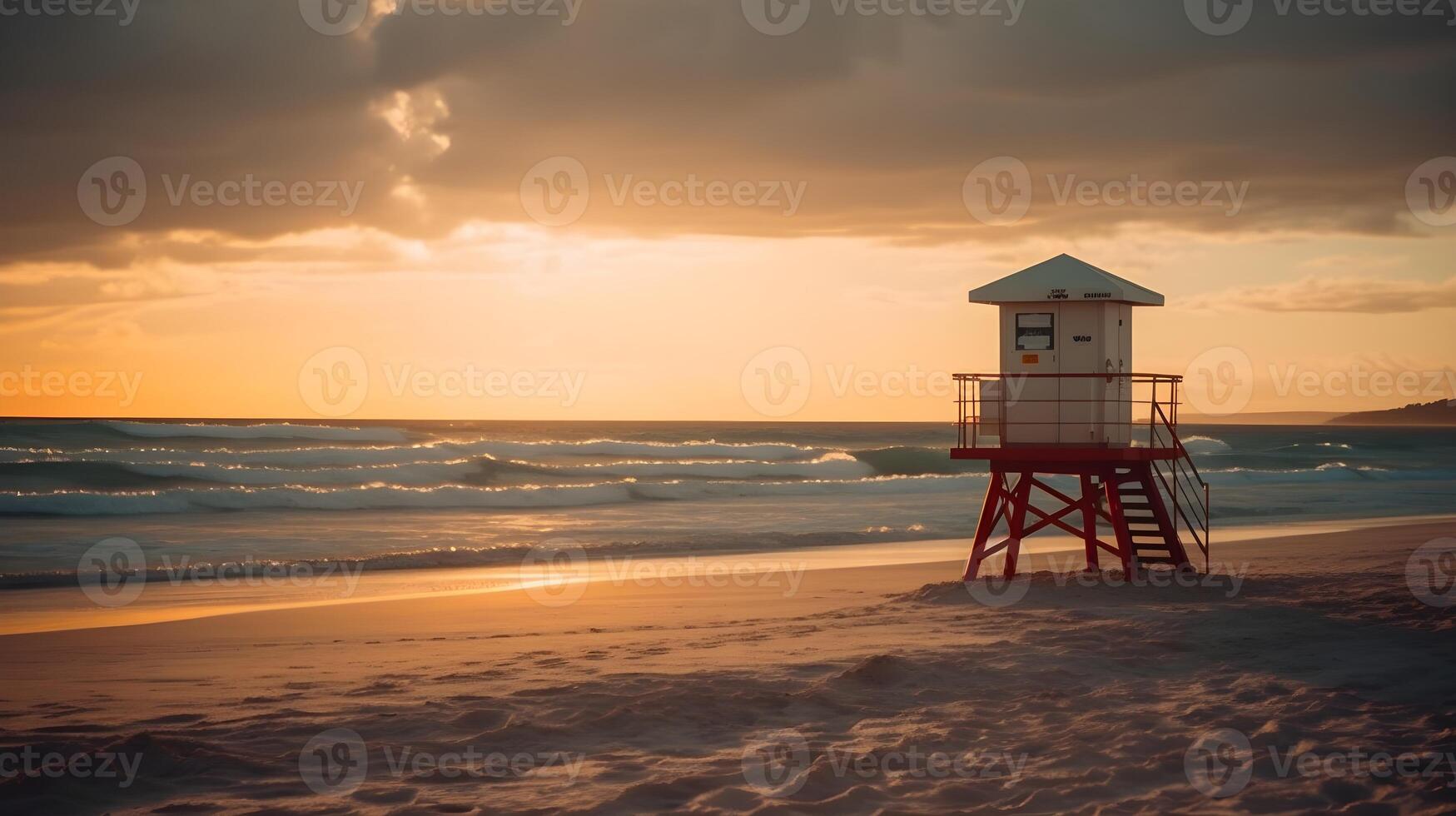 A beautiful sandy beach with evening golden hour sunset, and lifeguard tower, cloudy sky, good for background and backdrops. Summer beach. photo