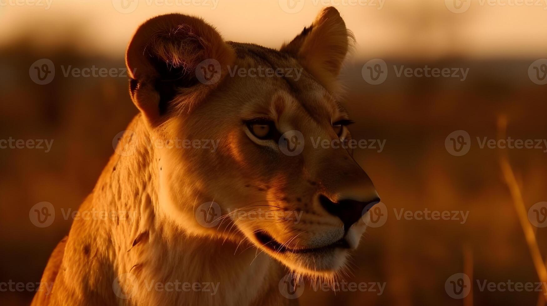 Close up portrait from side face ferocious carnivore female lion, stare or looking straight forward at the savannah desert background. photo