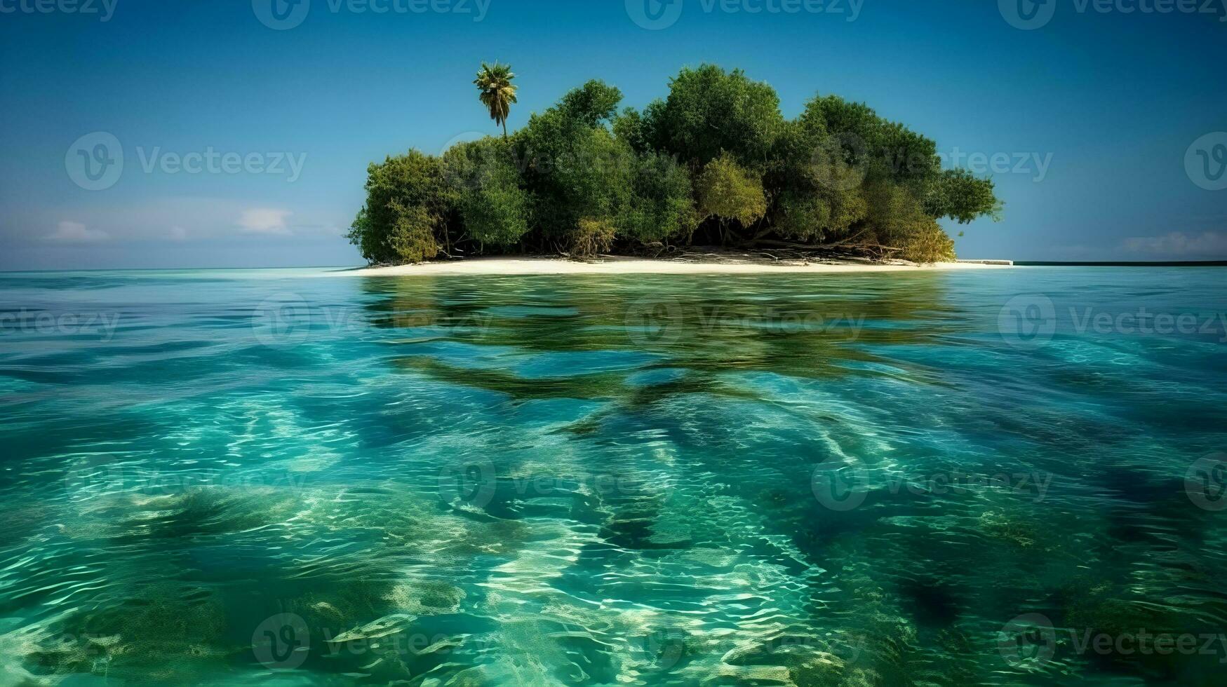 Tranquil scene of a tropical beach in an small island with blue ocean, coral, and lush nature. AI Generated photo