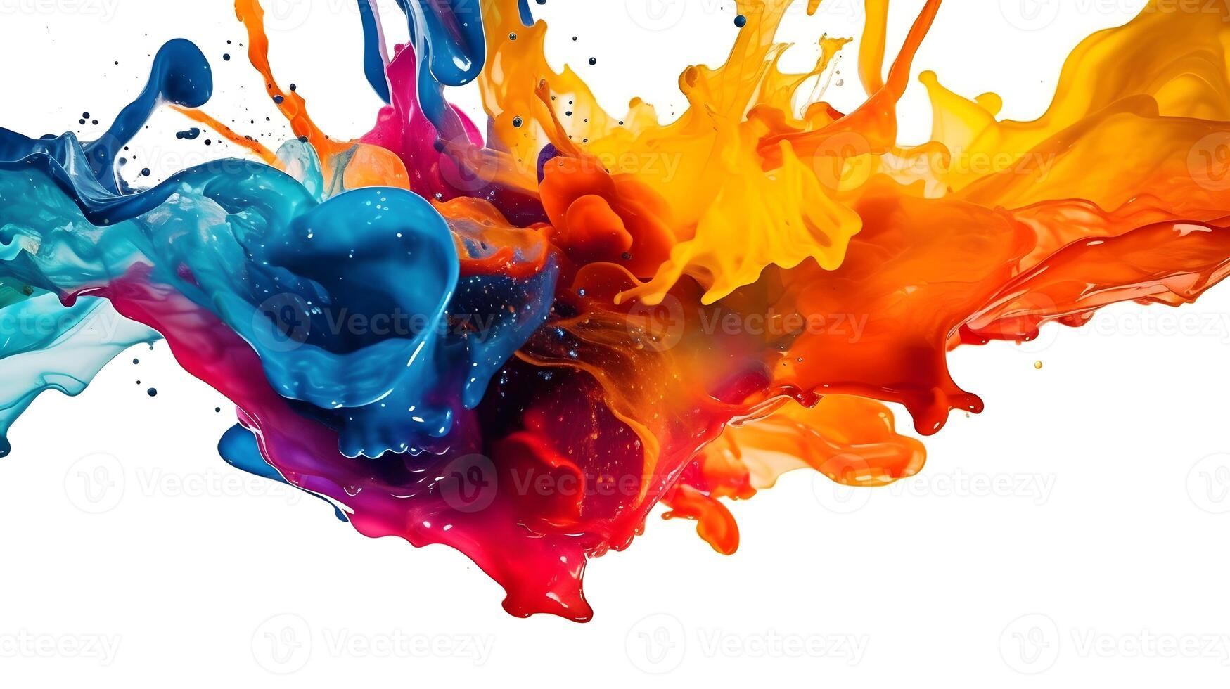 Abstract liquid color explosion colorful artistic yellow blue purple red orange splashing splatter in the air white background. AI Generated photo