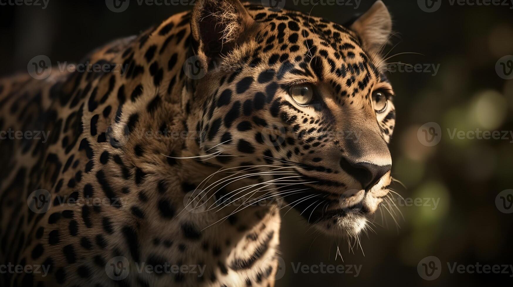 cerca arriba retrato desde lado cara feroz carnívoro leopardo, mirar fijamente o mirando Derecho adelante a naturaleza antecedentes. ai generado foto