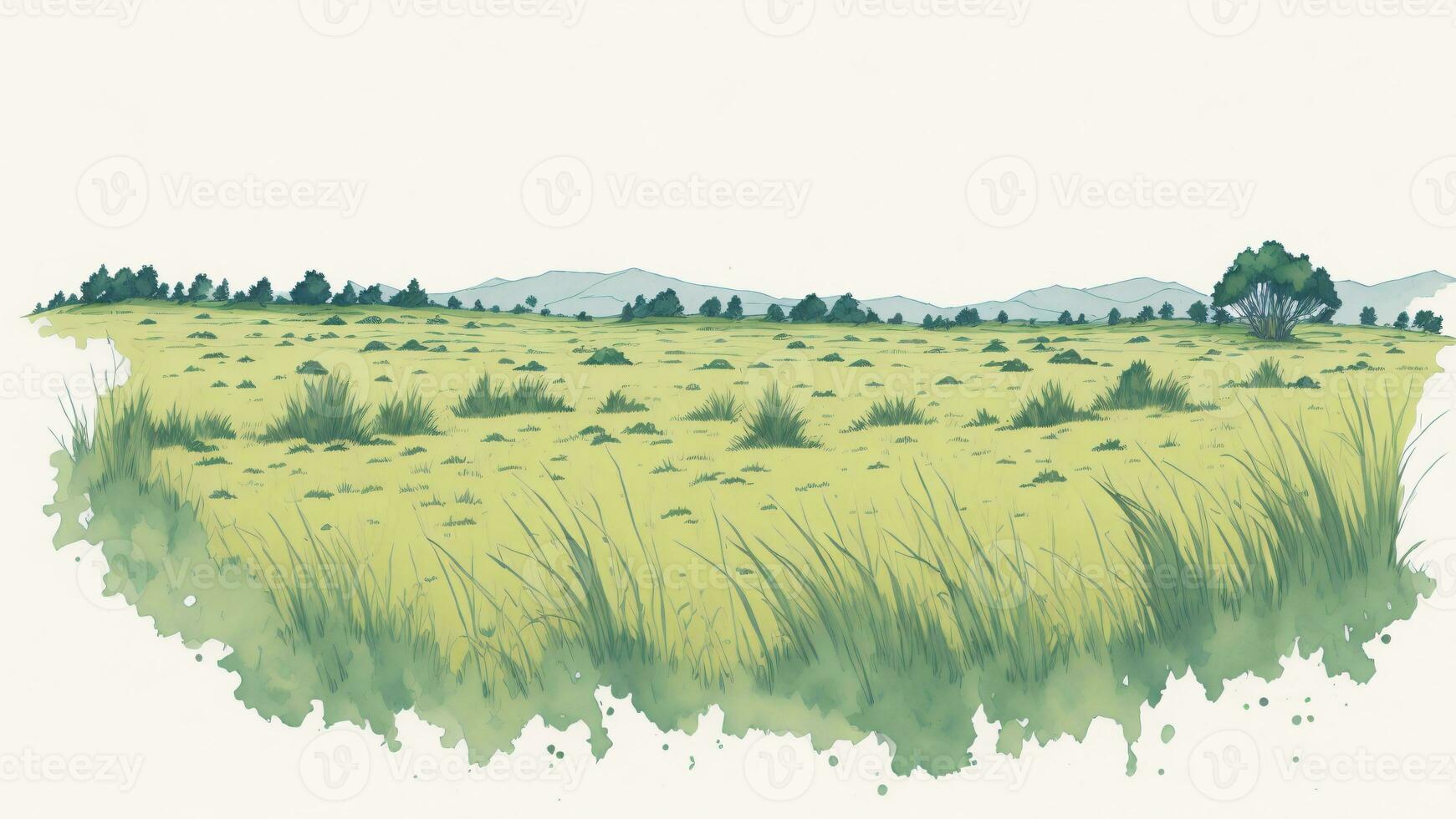 Illustration of grassland with mountains in the background, Vintage style AI generated photo
