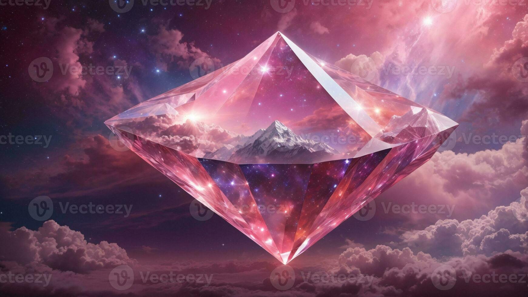Pink gemstone floating, perspective island, pink nebula, magic night sky, abstract dream background ai generated photo