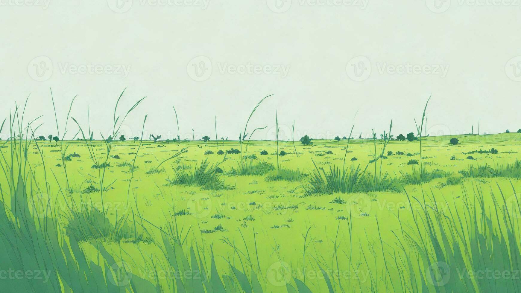 Green meadow with grass and trees in the background, Digital painting AI generated photo