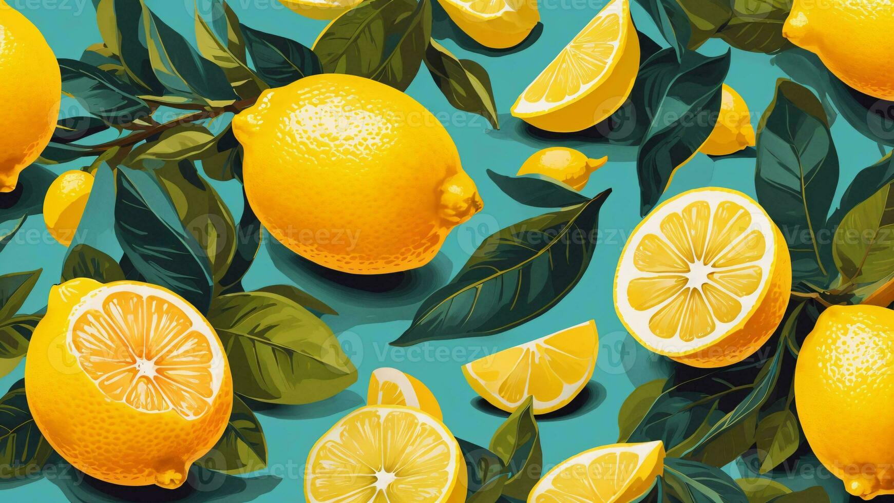 Seamless pattern with lemons and leaves on light blue background, fruit slices ai generated photo
