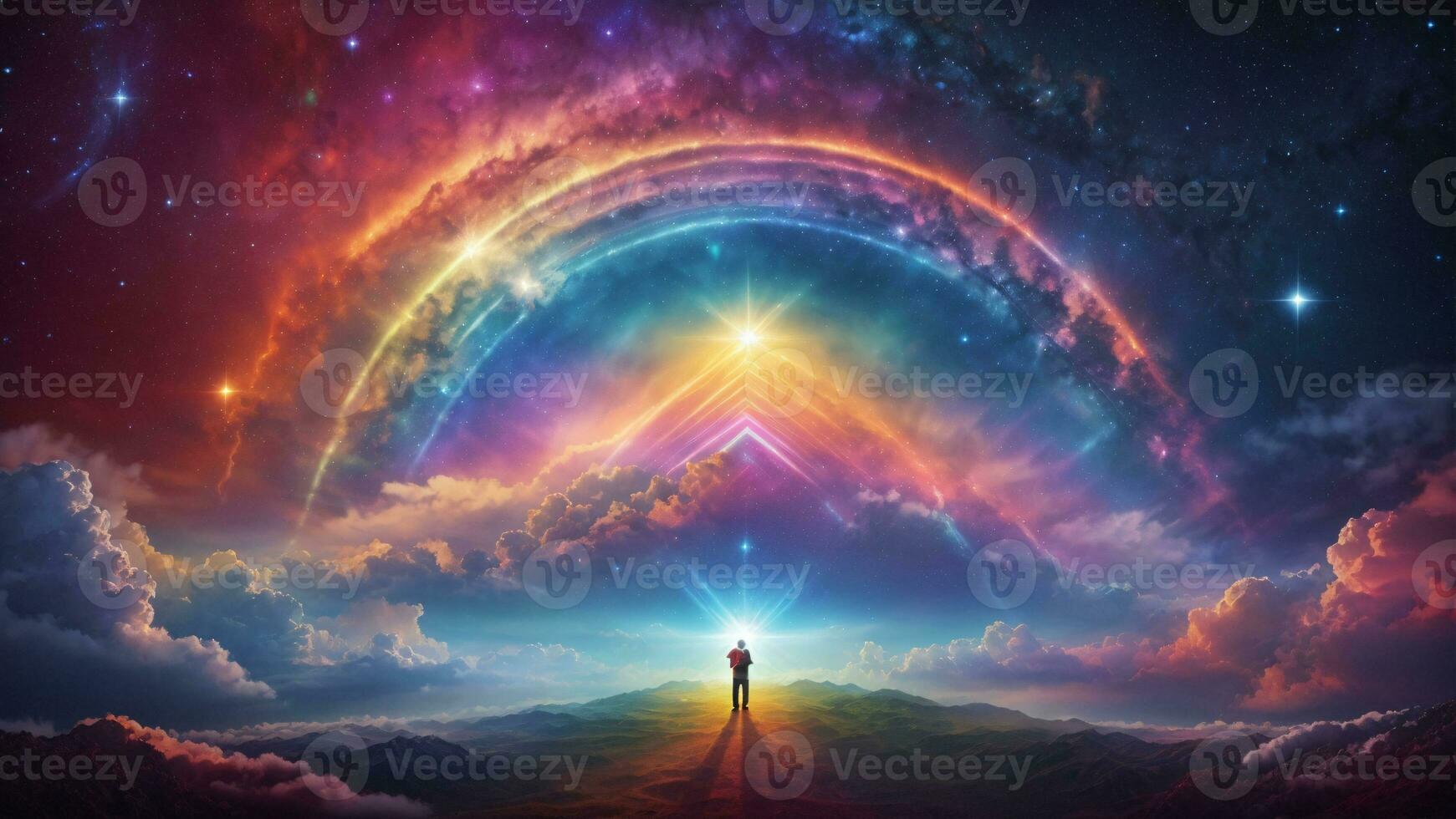 Lonely man standing on the edge of a mountain with Shining Semicircle Rainbow Nebula ai generated photo