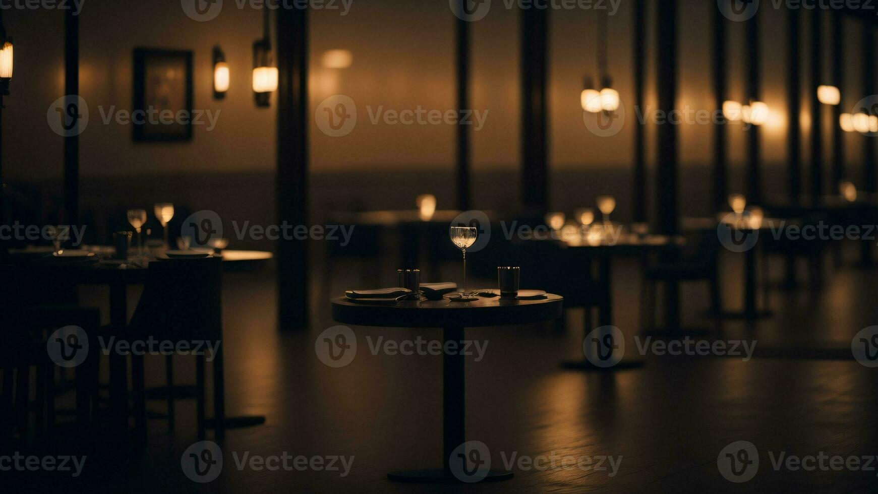 Luxury restaurant interior with tables and chairs, low light, selective focus ai generated photo
