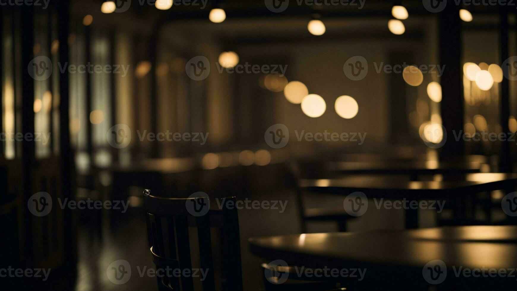 Cafe interior with empty tables and chairs at night, Blurred background ai generated photo