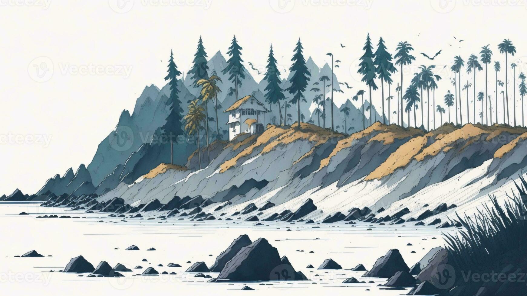 Illustration of a beach with palm trees and mountains in the background AI generated photo