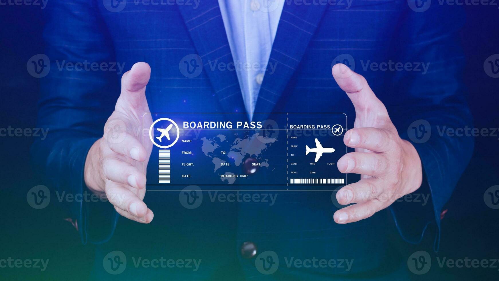 Businessman touching with boarding pass tickets air travel concept, Choosing checking electronic flight ticket, Booking ticket Online flight travel concept photo