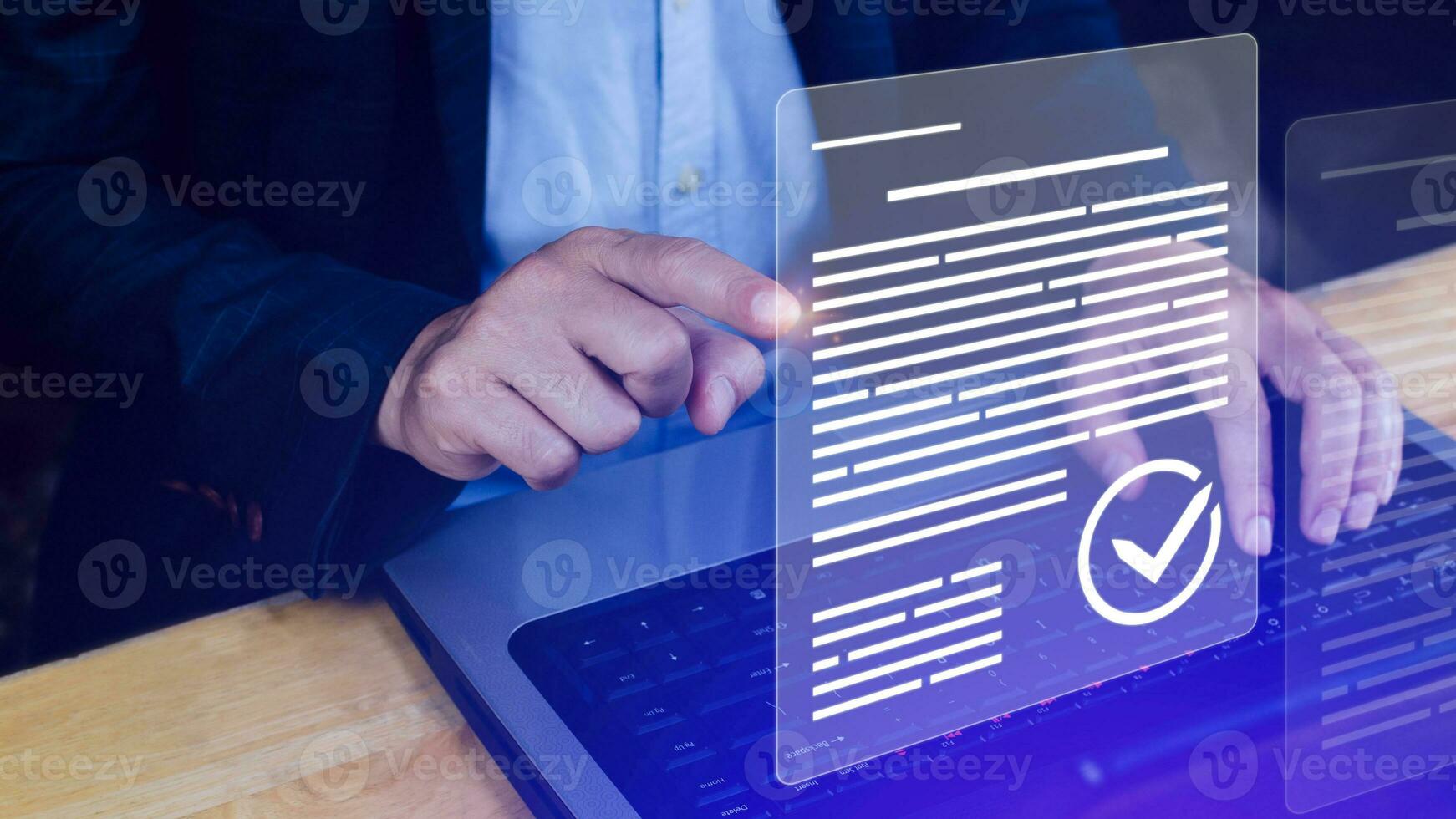 Paperless workplace idea, e-signing, electronic signature, document management system DMS. Businessman signs an electronic document on a digital document on a virtual screen. photo