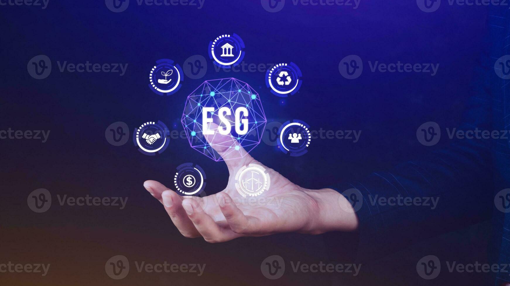 ESG icon concept in the hand for environmental, social and governance in sustainable and ethical business on the Network connection, businessman pressing button on screen. photo