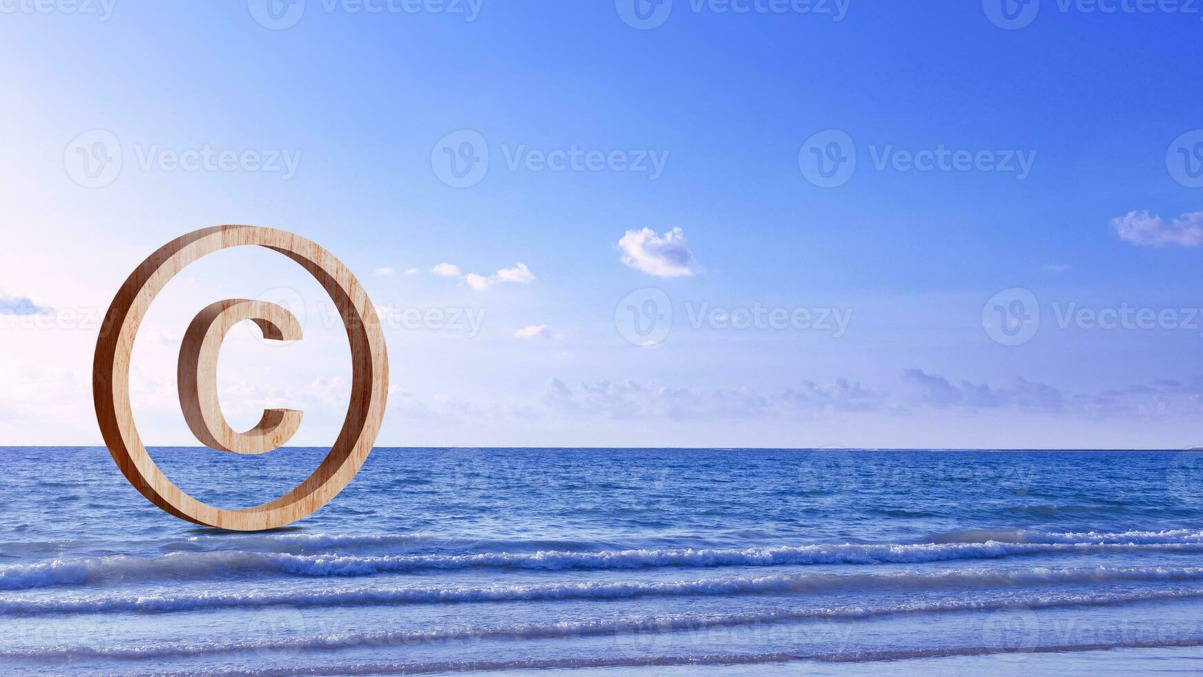 Copyright concept, author rights and patented intellectual property, Copyright Symbol Protection Sign on sea beach background. Register Trademark and Logo photo