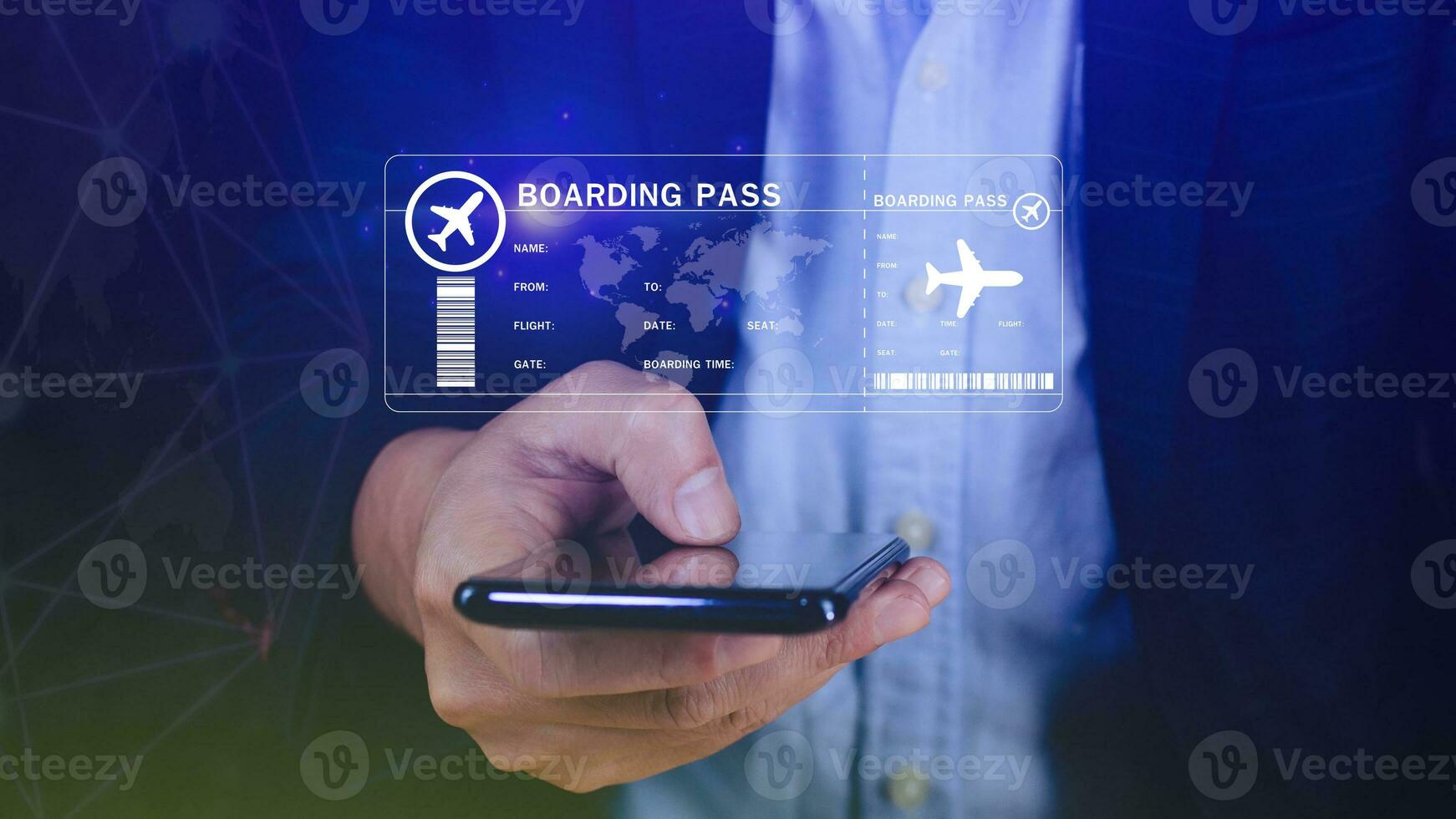 Businessman holding smart phone with boarding pass tickets air travel concept, Choosing checking electronic flight ticket, Booking ticket Online flight travel concept photo