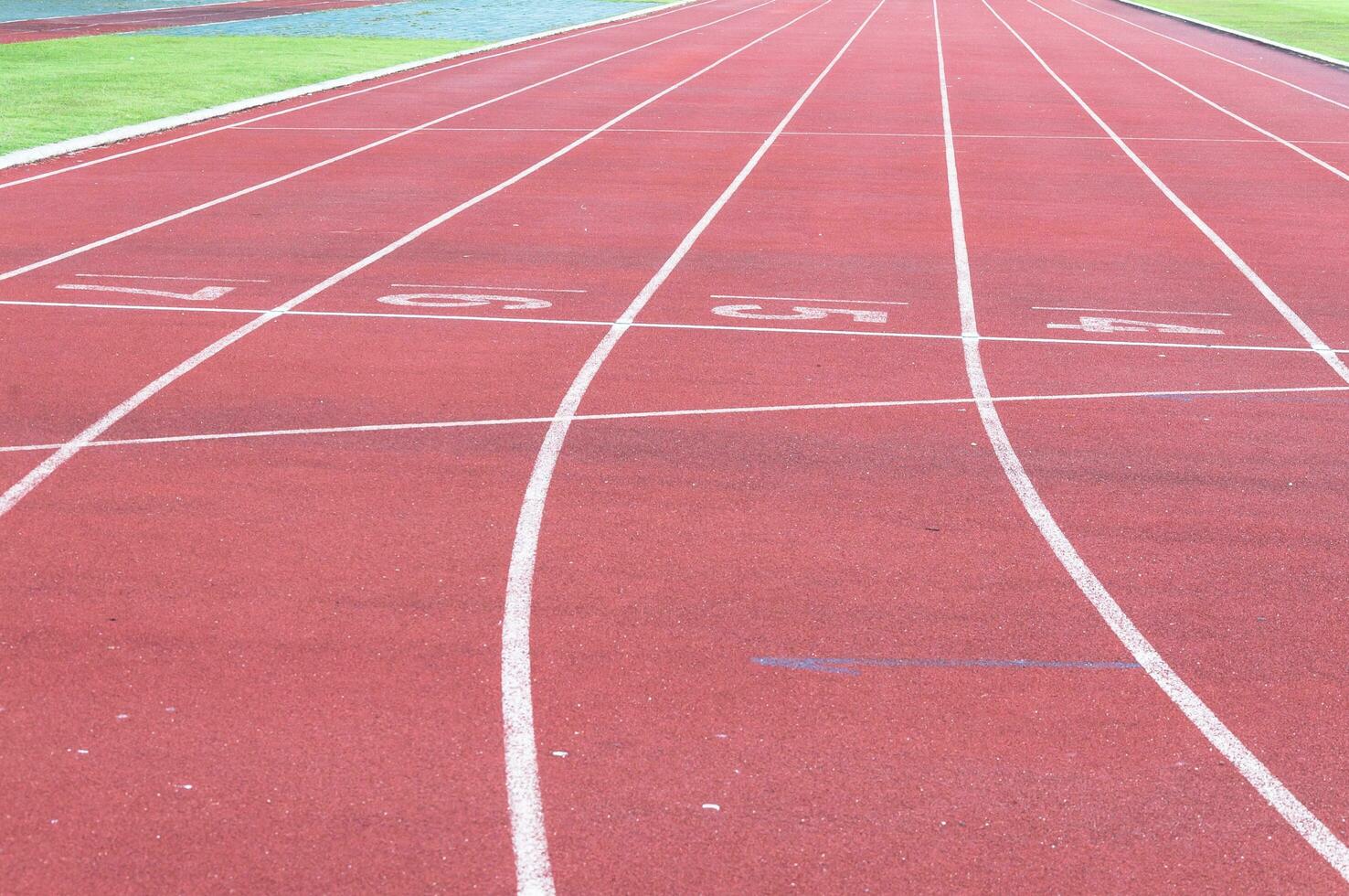 corriendo pista y verde hierba, directa atletismo corriendo pista a deporte estadio foto