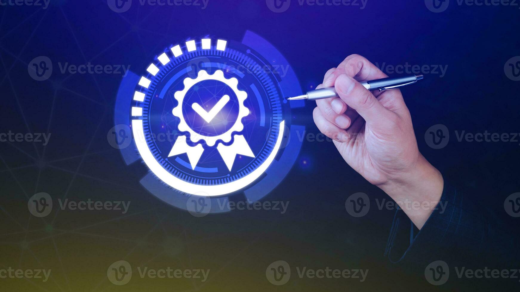Businessman hand touching to symbol of the top service Quality assurance five star, Guarantee, best product, Standards, ISO certification and standardization concept. photo