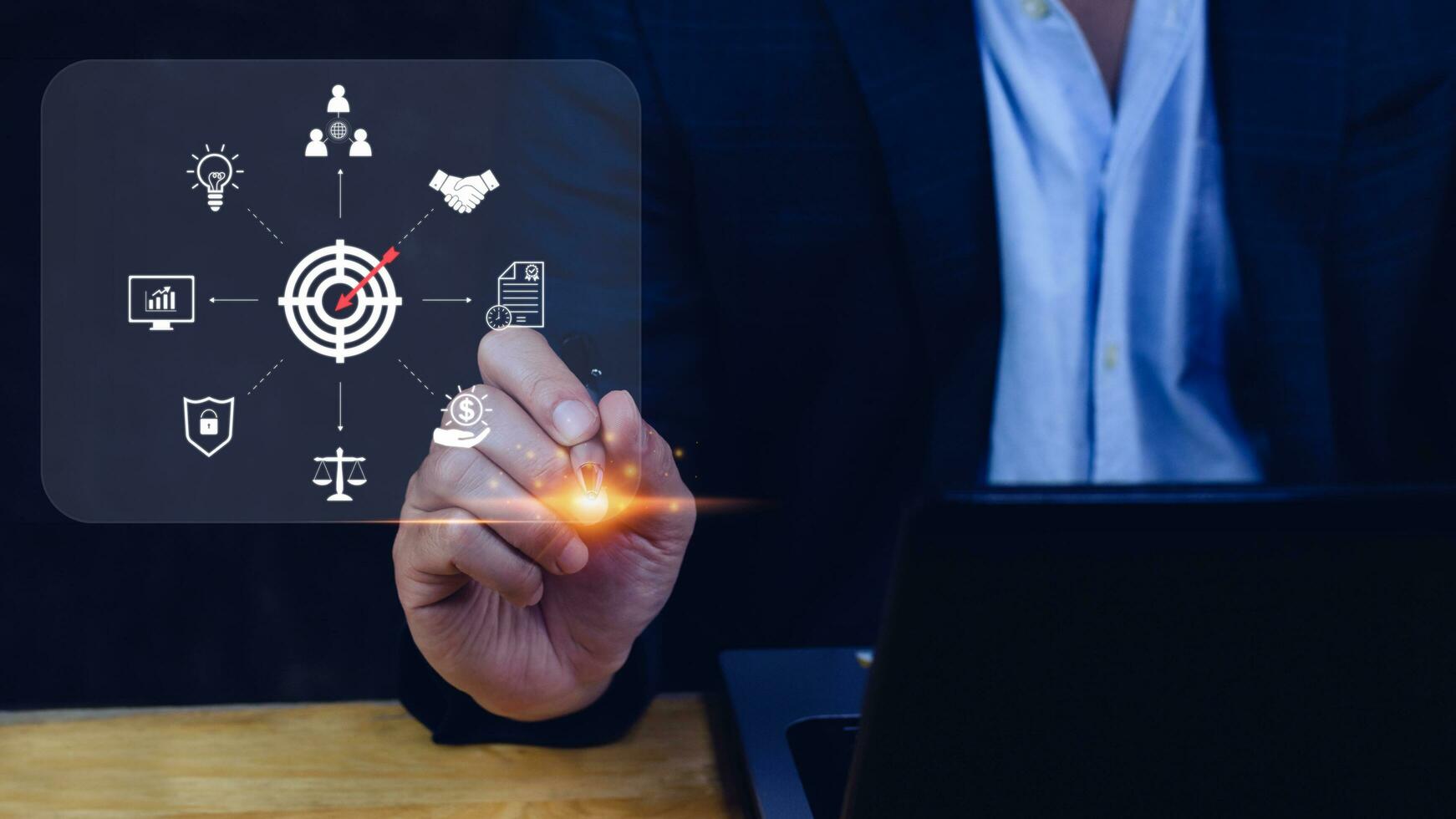 Hand pointing the icon virtual screen of Digital target marketing advertising and sales increase business technology concept, online marketing, E-business, Ecommerce, Business online. photo