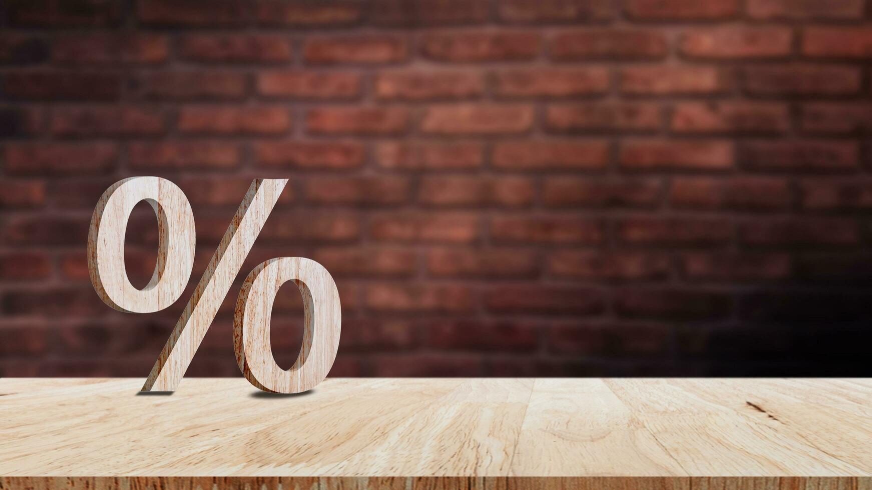 Close-up of percent sign leaning on wooden table, Percentage Sign And Discount Rate. Accountant VAT Tax Concept. photo