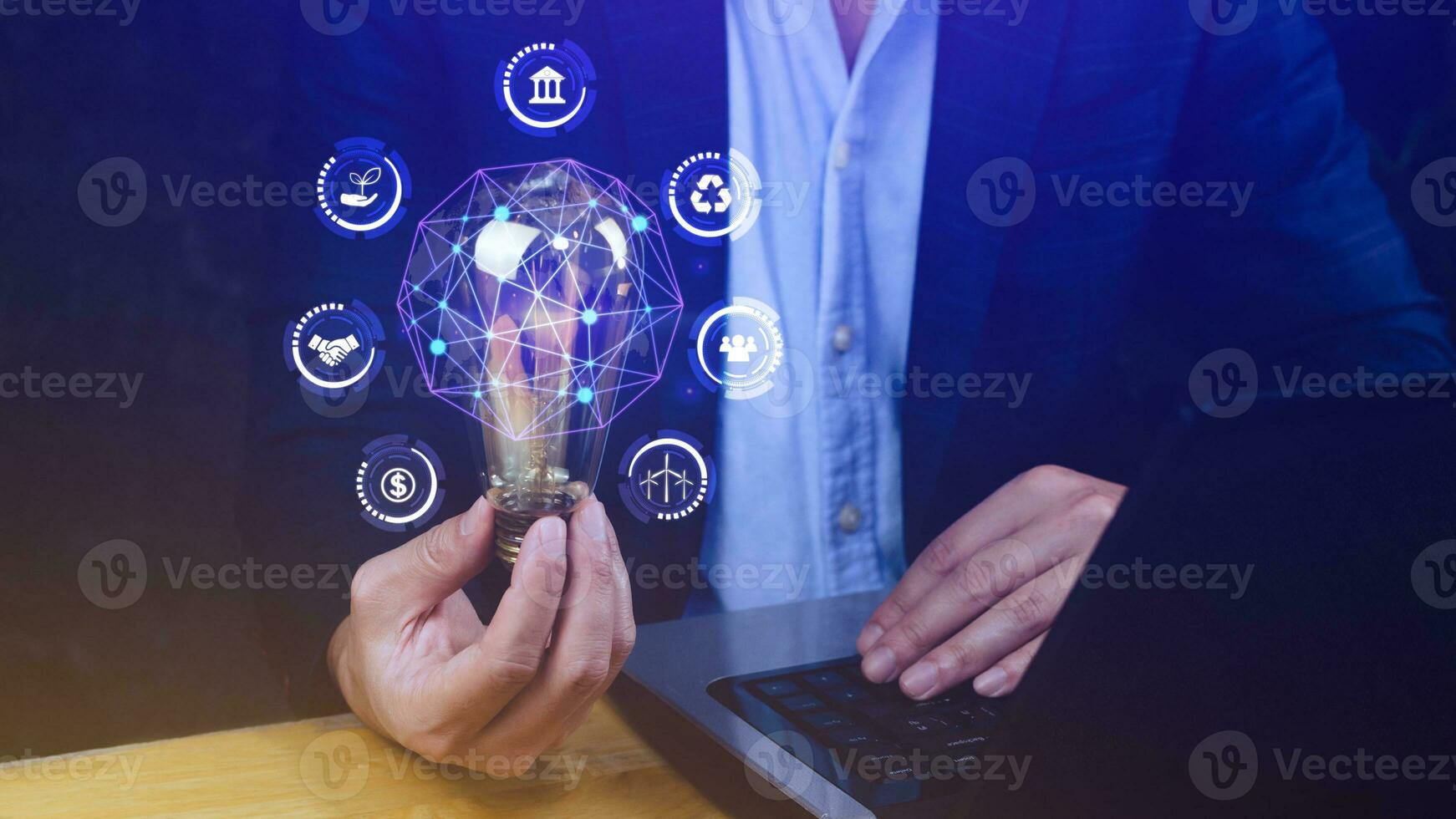 Businessman hand holding light bulb with ESG icon concept for environmental, social, and governance in sustainable and ethical business on the Network connection. photo