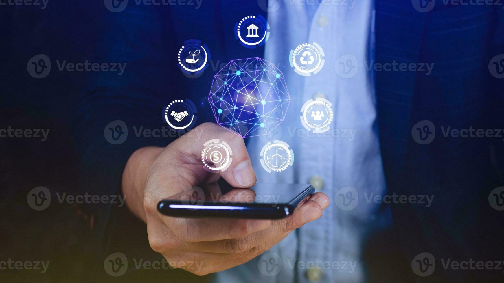 ESG icon concept use a smartphone to analyze ESG for environmental, social and governance in sustainable and ethical business on the Network connection, businessman pressing button on screen. photo