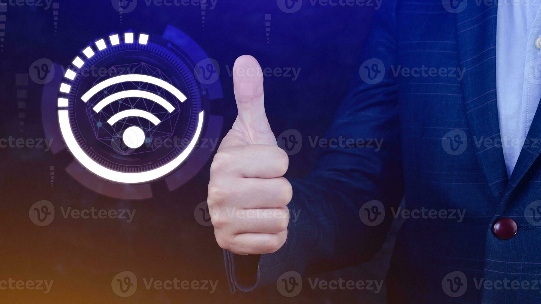 Businessman using thumb up with wifi icon. Social network business communication concept, Wifi wireless concept free network Internet concept. photo