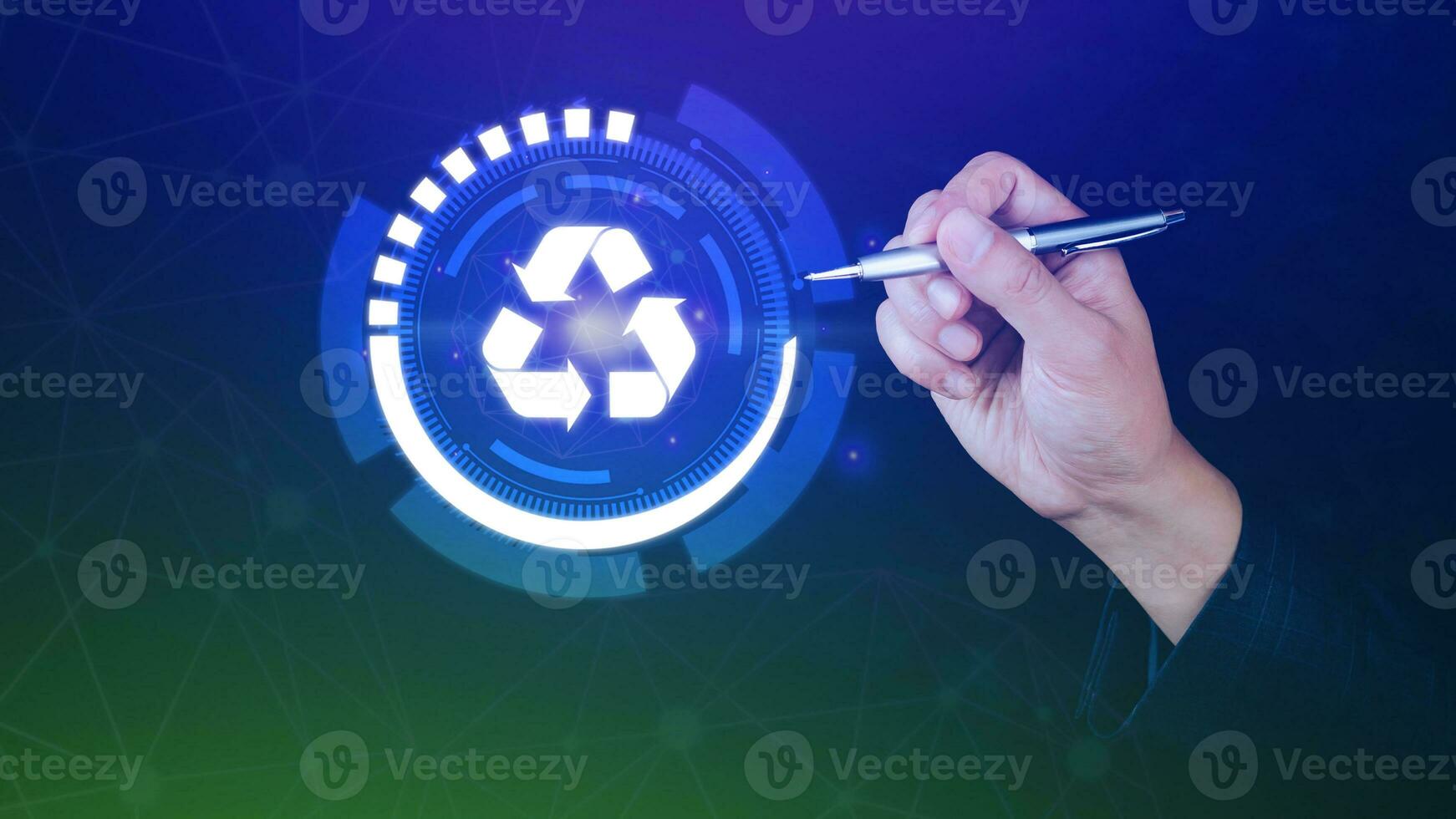 Businessman hand touching recycle icon concept in screen, for environmental, social and governance in sustainable and ethical business on the Network connection. photo