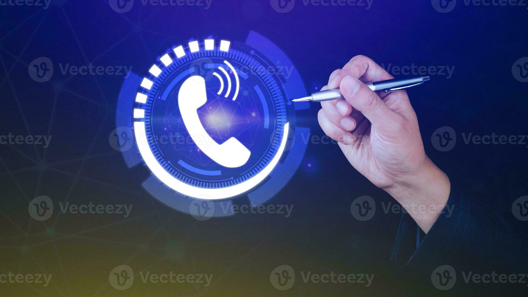 Contact us or Customer support hotline people connect, Businessman using showing and touching on virtual screen call phone icons contact. photo