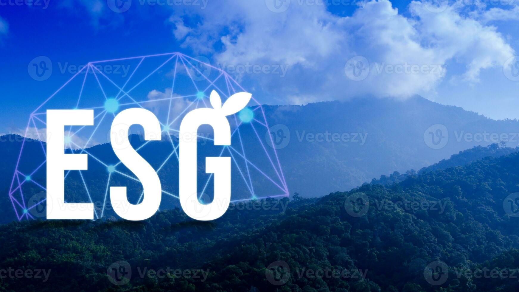 ESG icon concept for environmental, social and governance in sustainable and ethical business on the network connection on beautiful natural scenery background. photo