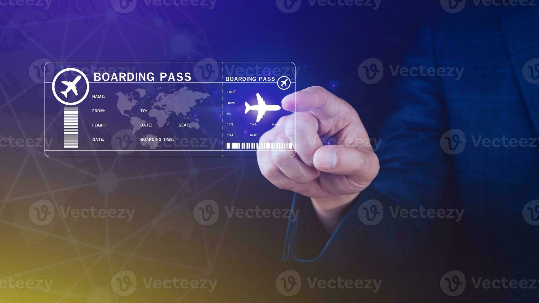 Businessman touching with boarding pass tickets air travel concept, Choosing checking electronic flight ticket, Booking ticket Online flight travel concept photo