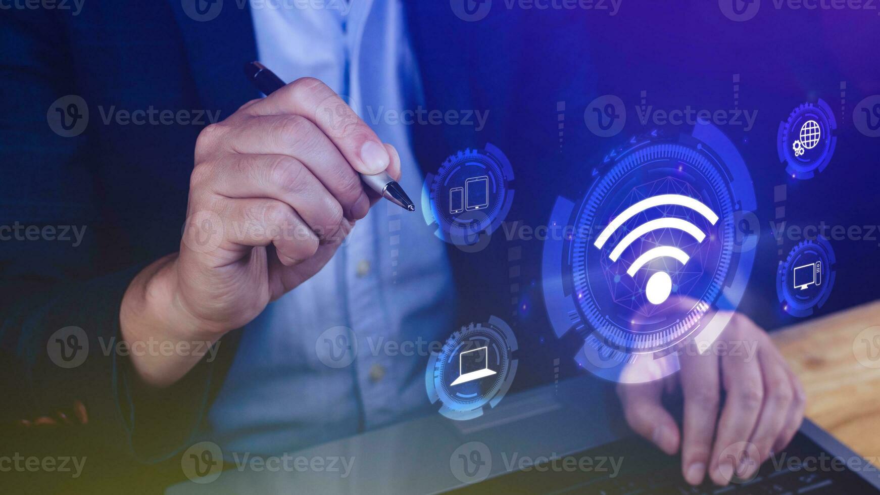 Businessman using touching with wifi icon. Social network business communication concept, Wifi wireless concept free network Internet concept. photo