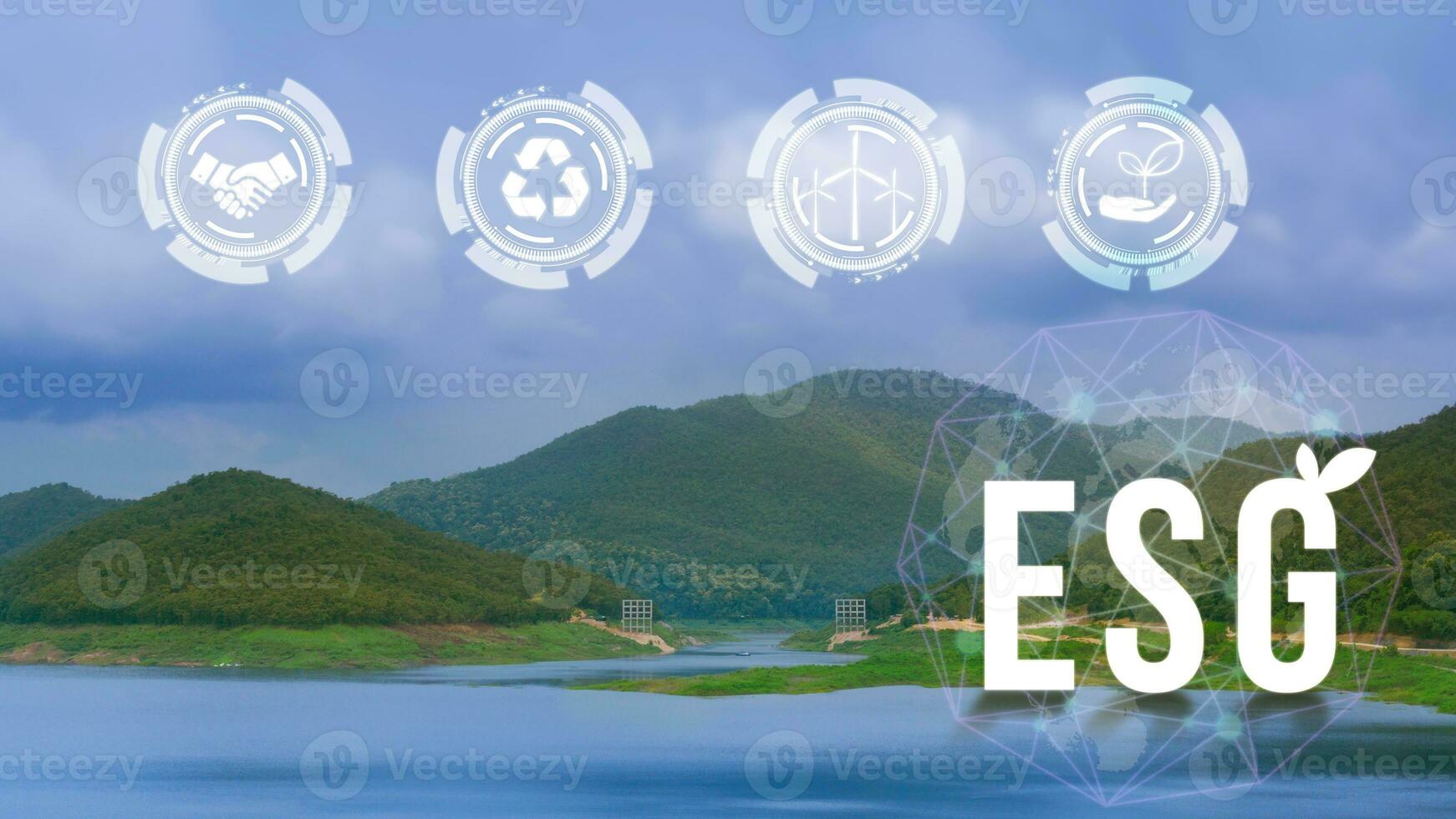 ESG icon concept for environmental, social and governance in sustainable and ethical business on the network connection on beautiful natural scenery background. photo