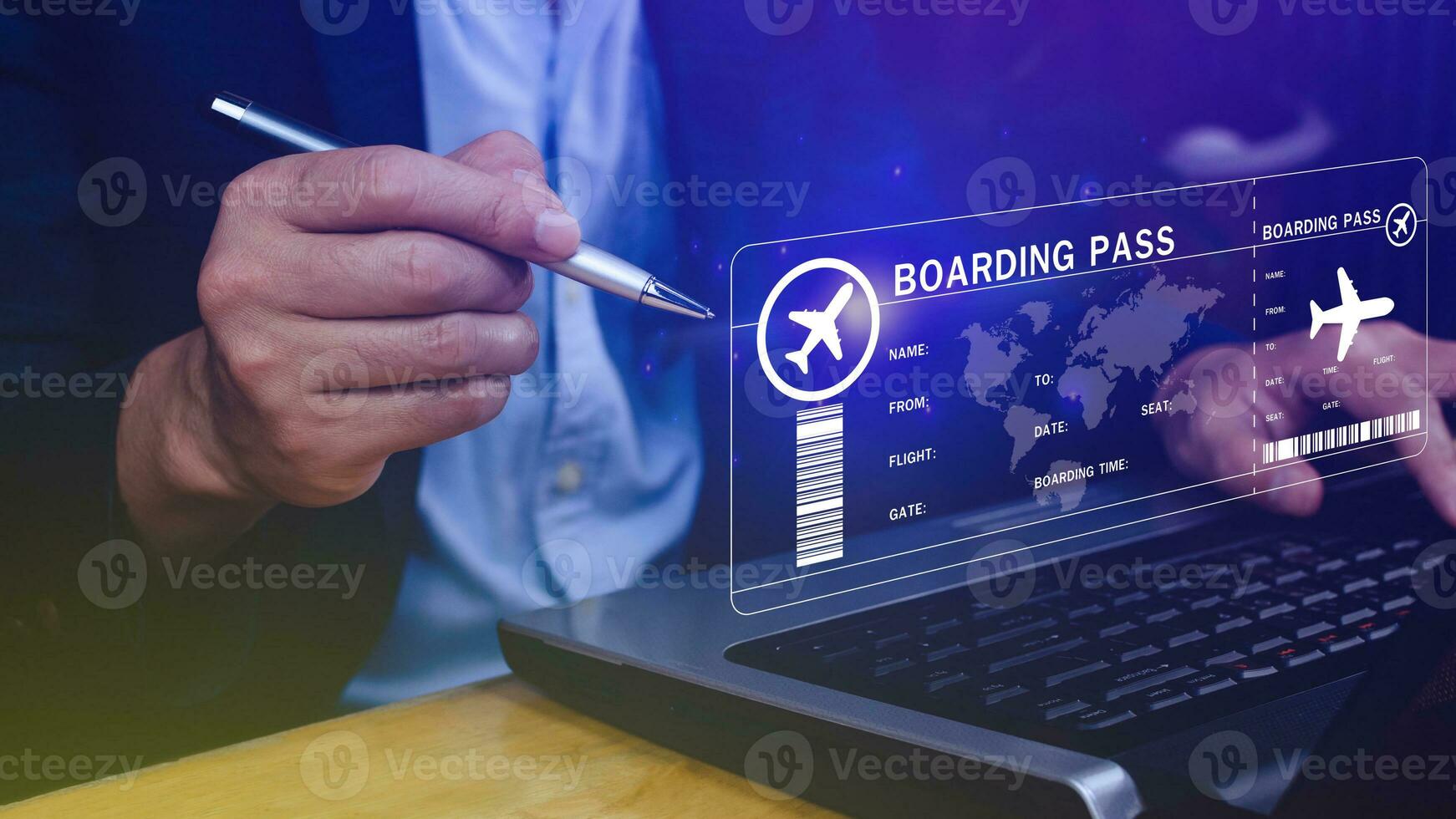 Businessman touching with boarding pass tickets air travel concept, Choosing checking electronic flight ticket, Booking ticket Online flight travel concept photo