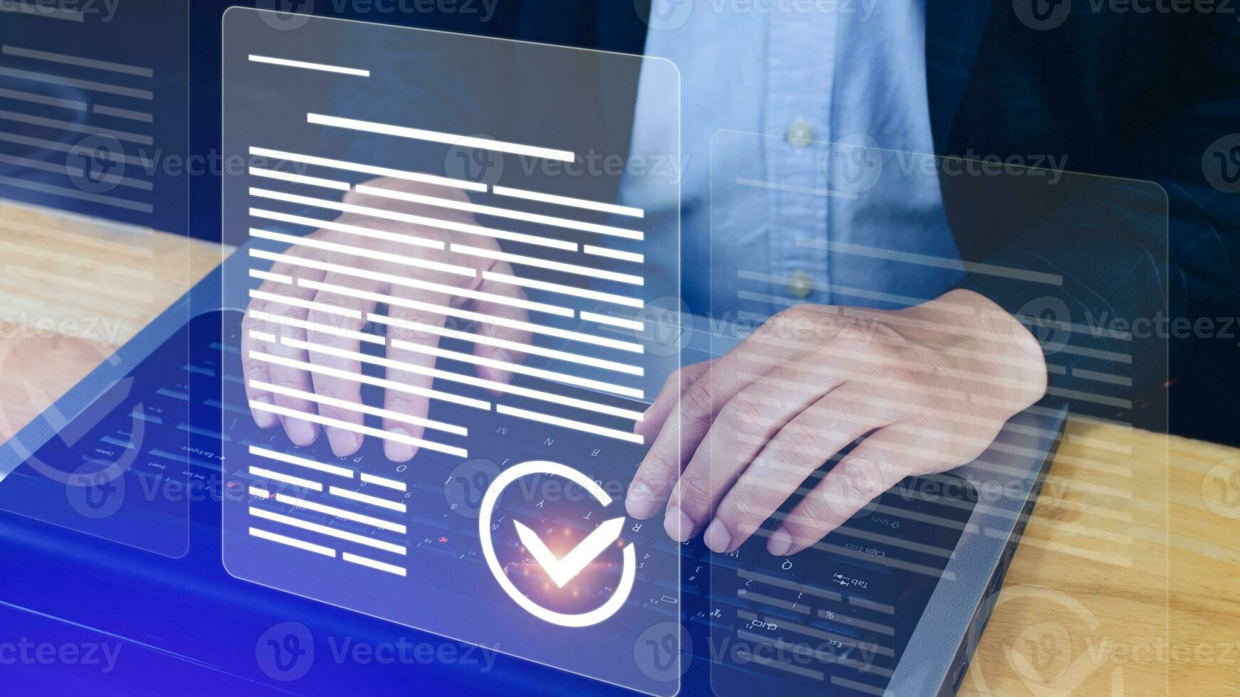 Paperless workplace idea, e-signing, electronic signature, document management system DMS. Businessman signs an electronic document on a digital document on a virtual screen. photo