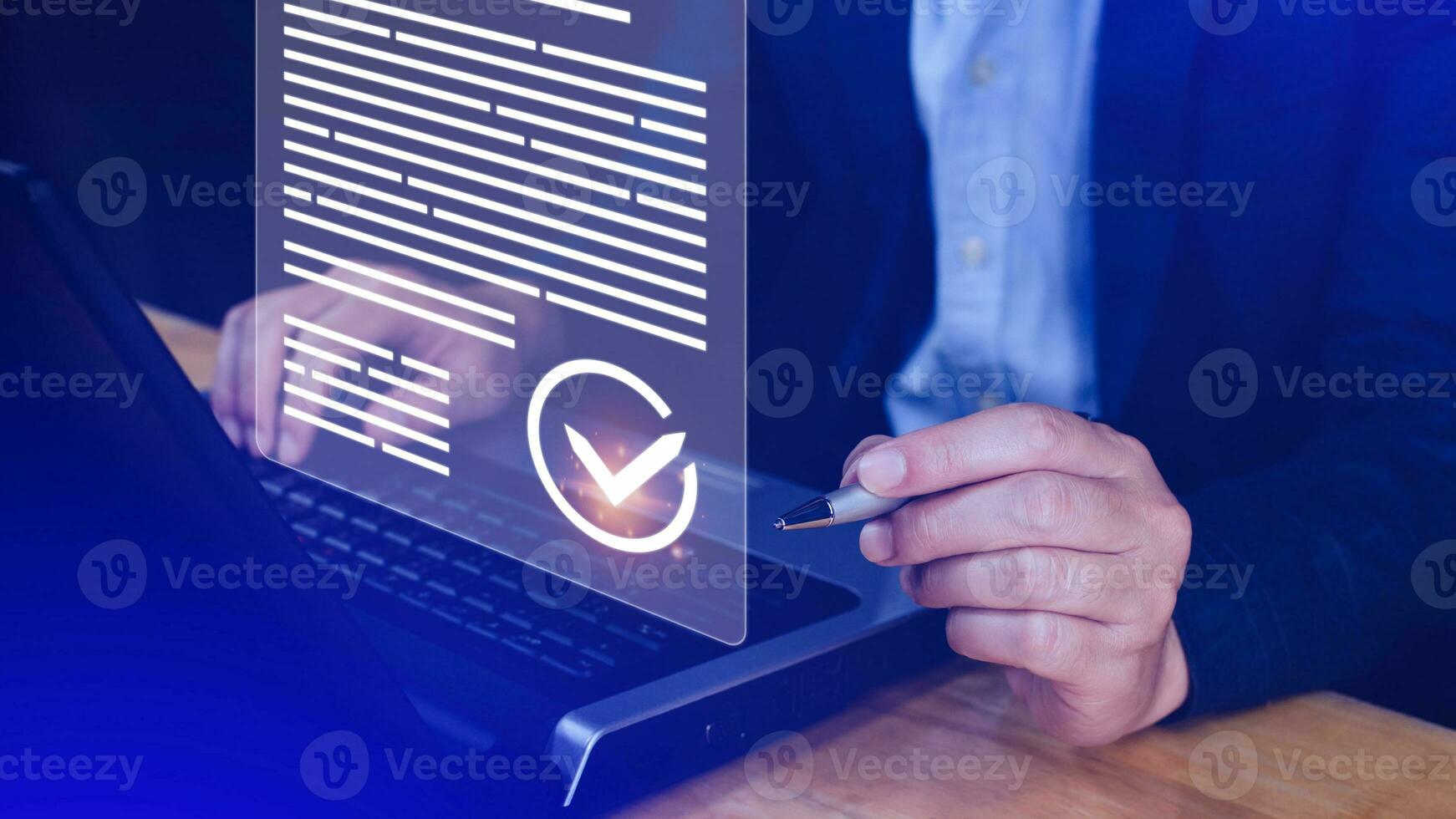 Paperless workplace idea, e-signing, electronic signature, document management system DMS. Businessman signs an electronic document on a digital document on a virtual screen. photo