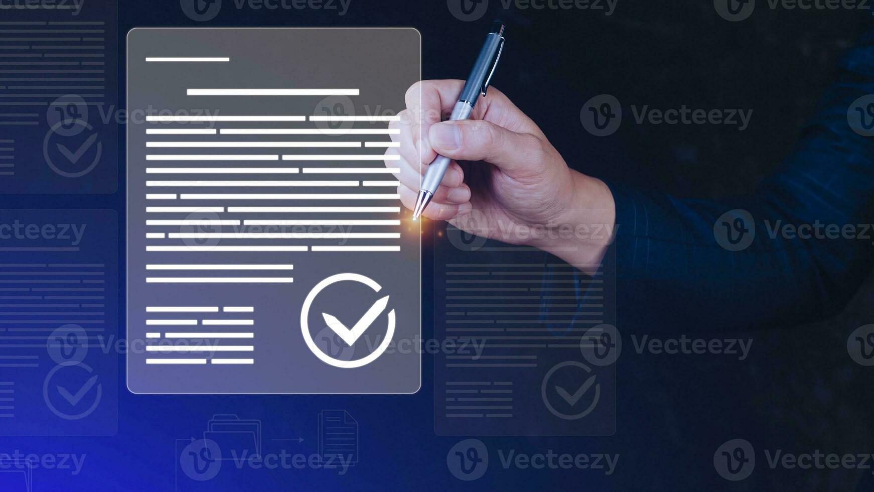 Paperless workplace idea, e-signing, electronic signature, document management system DMS. Businessman signs an electronic document on a digital document on a virtual screen. photo