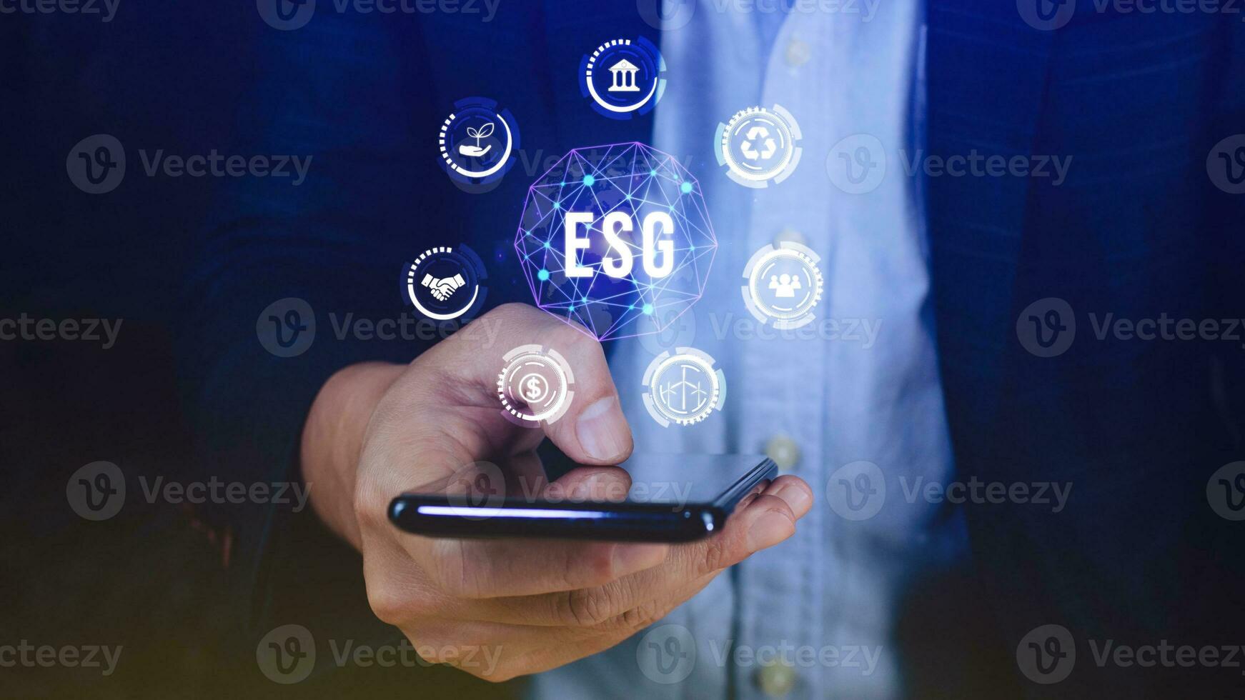 ESG icon concept use a smartphone to analyze ESG for environmental, social and governance in sustainable and ethical business on the Network connection, businessman pressing button on screen. photo