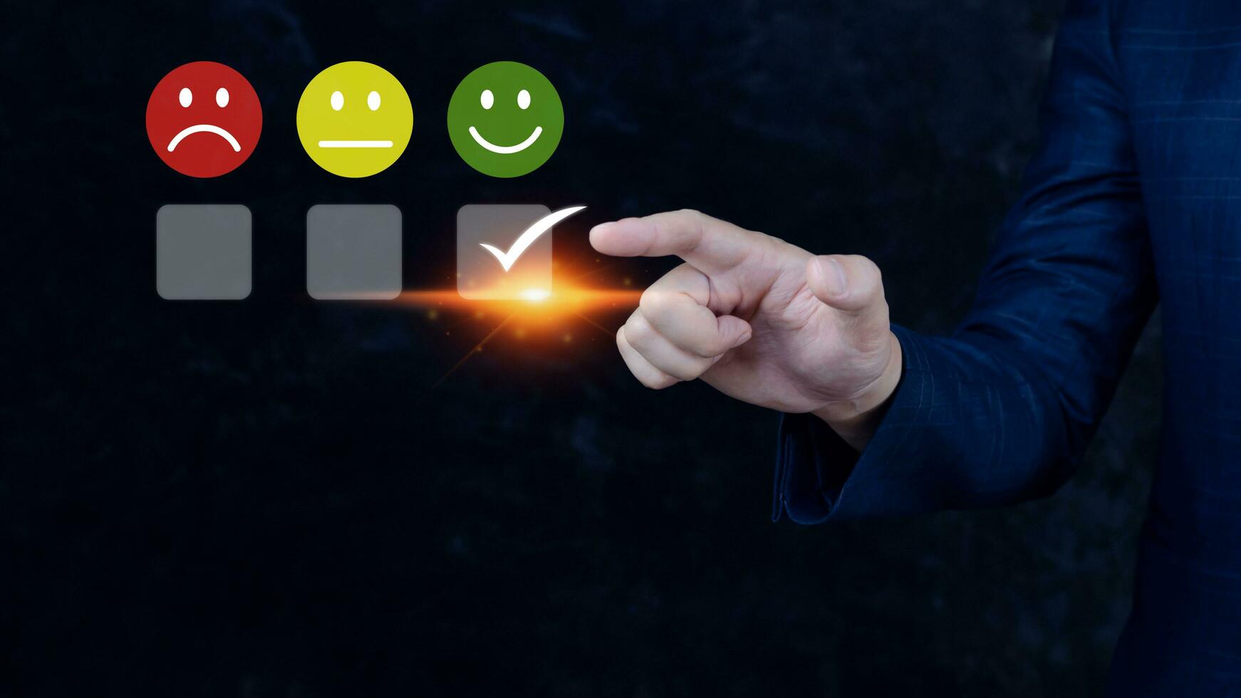 Businessman choosing happy smile face icon. feedback rating and positive customer review experience, satisfaction survey. mental health assessment. World mental health day concept photo