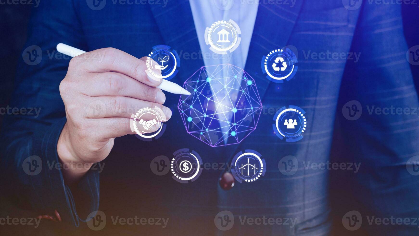 ESG icon concept in the hand for environmental, social and governance in sustainable and ethical business on the Network connection, businessman pressing button on screen. photo