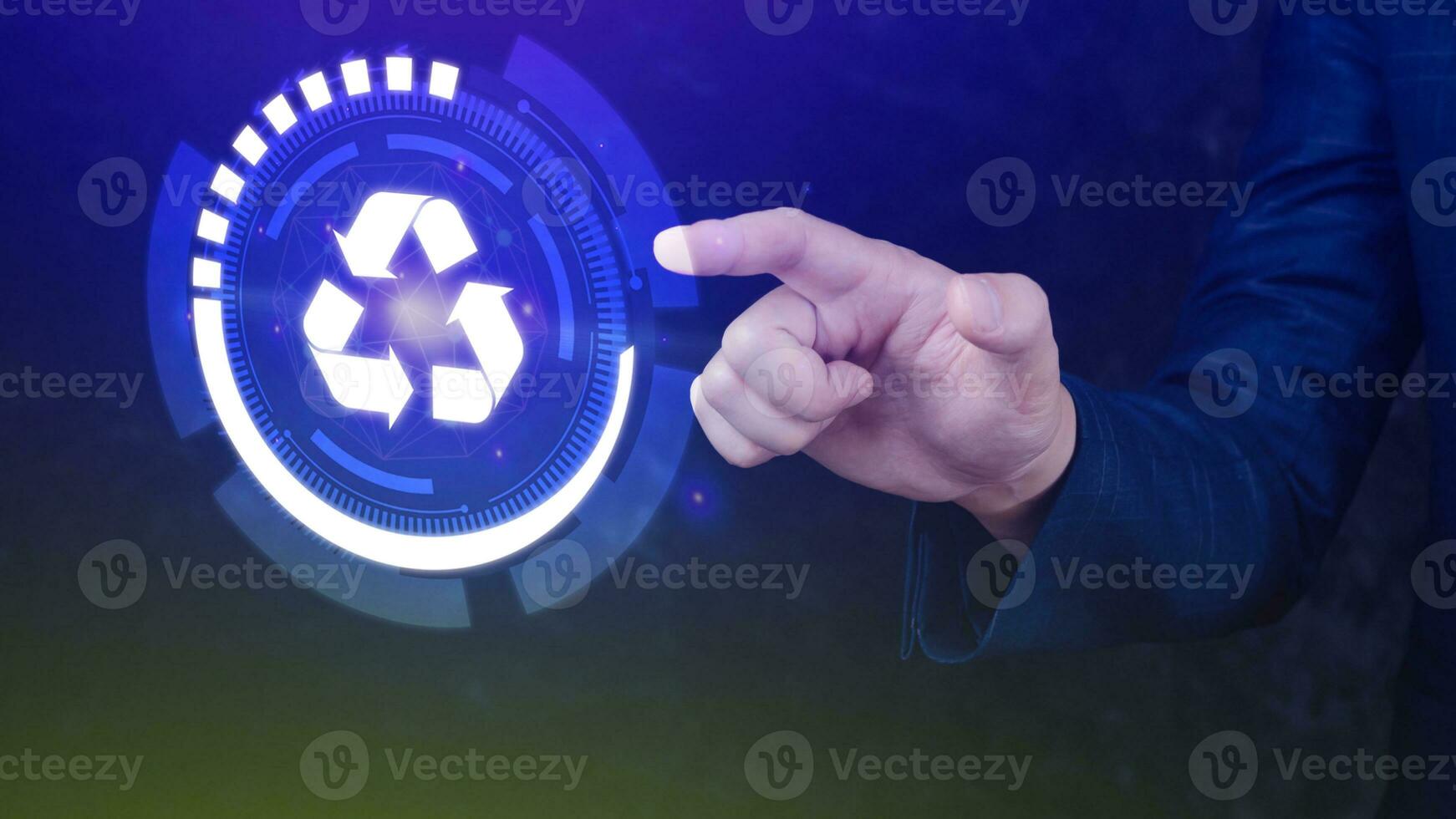 Businessman hand touching recycle icon concept in screen, for environmental, social and governance in sustainable and ethical business on the Network connection. photo