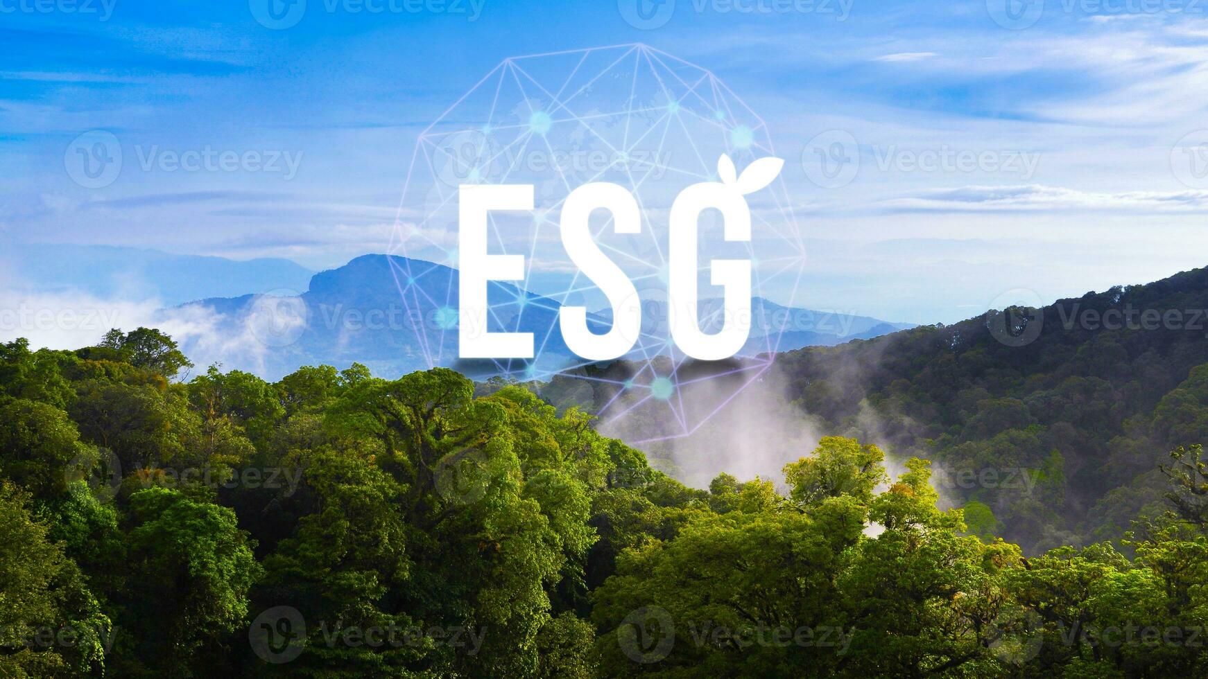 ESG icon concept for environmental, social and governance in sustainable and ethical business on the network connection on beautiful natural scenery background. photo