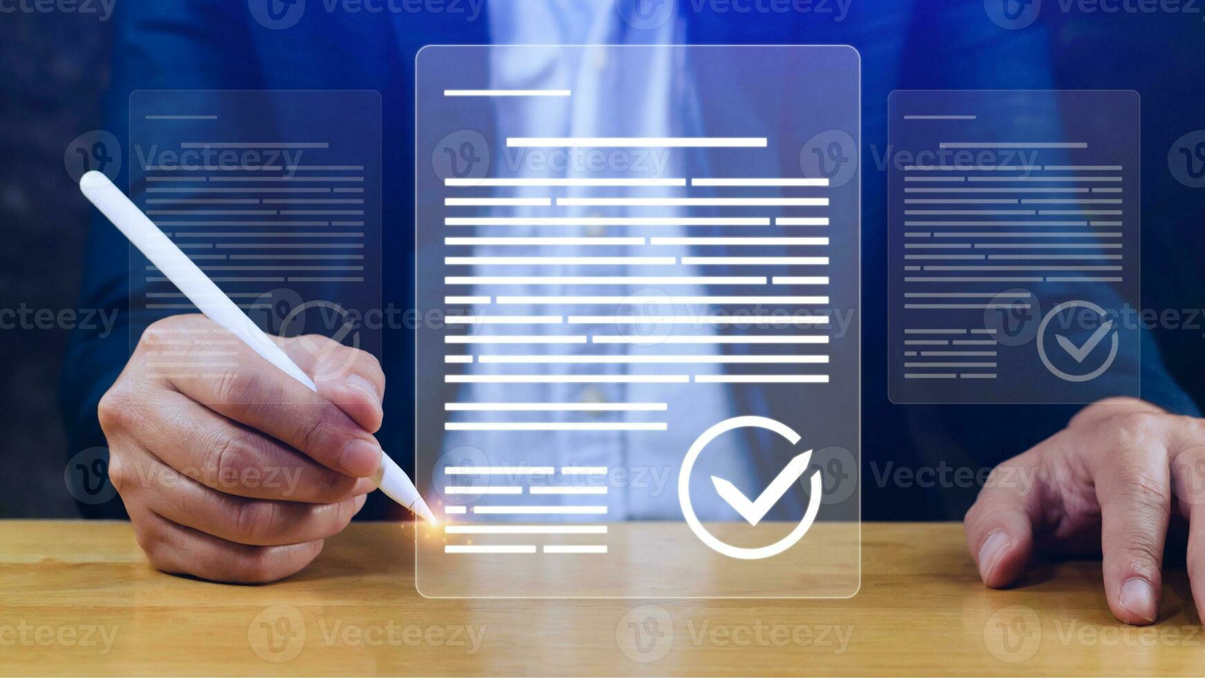 Paperless workplace idea, e-signing, electronic signature, document management system DMS. Businessman signs an electronic document on a digital document on a virtual screen. photo