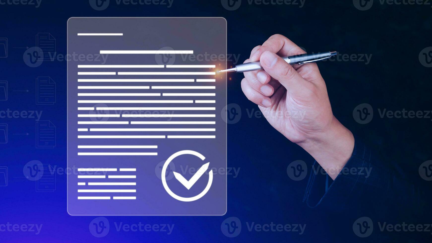 Paperless workplace idea, e-signing, electronic signature, document management system DMS. Businessman signs an electronic document on a digital document on a virtual screen. photo