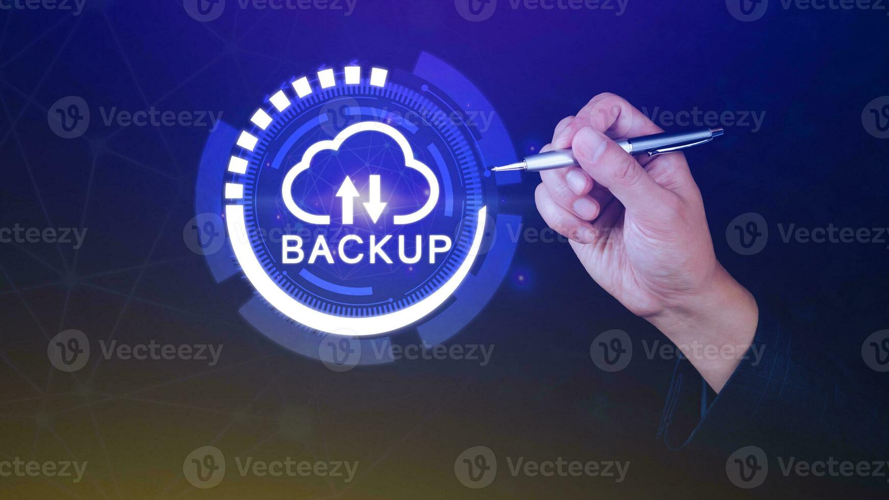 Backup files and data on internet with cloud storage technology that sync all online devices and computers with network connection, protection against loss, Business touch screen back up icon concept photo